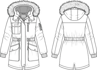 Winter parka jacket with fur hood front and back view apparel mockup vector illustration black and white design © Sayedmohammad