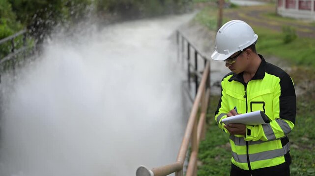 Hydraulic engineers monitor a massive dam water release via spillway gates. Focus on irrigation management, hydroelectric power safety, and flood control infrastructure by technical experts.