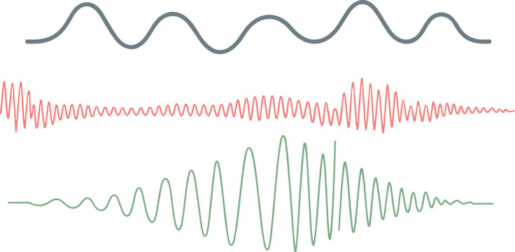 Abstract sound wave lines set with different frequencies and amplitudes, audio signal waveform illustration for music, technology, vibration and communication concept isolated on white background
