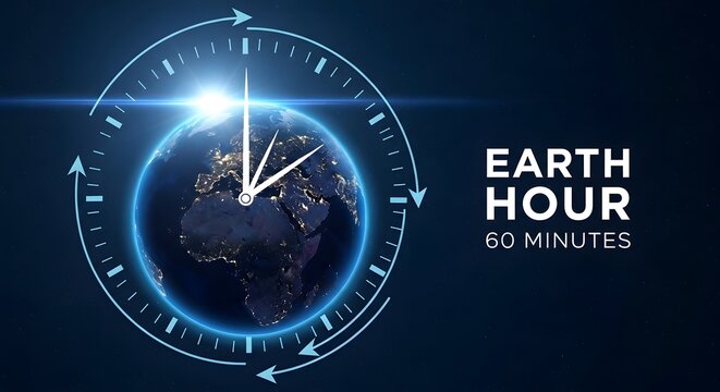 Earth hour concept with a clock and globe on a dark background with white clock hands and blue light