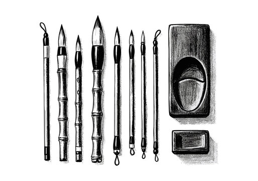 Collection of traditional calligraphy brushes and ink stone on a white background, hand-drawn illustration