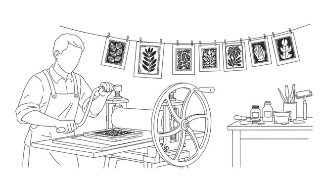 Artist operating a printing press in a studio setting.