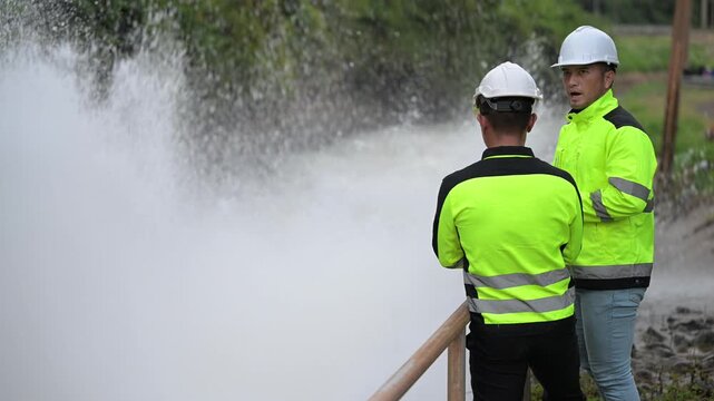 Hydraulic engineers monitor a massive dam water release via spillway gates. Focus on irrigation management, hydroelectric power safety, and flood control infrastructure by technical experts.