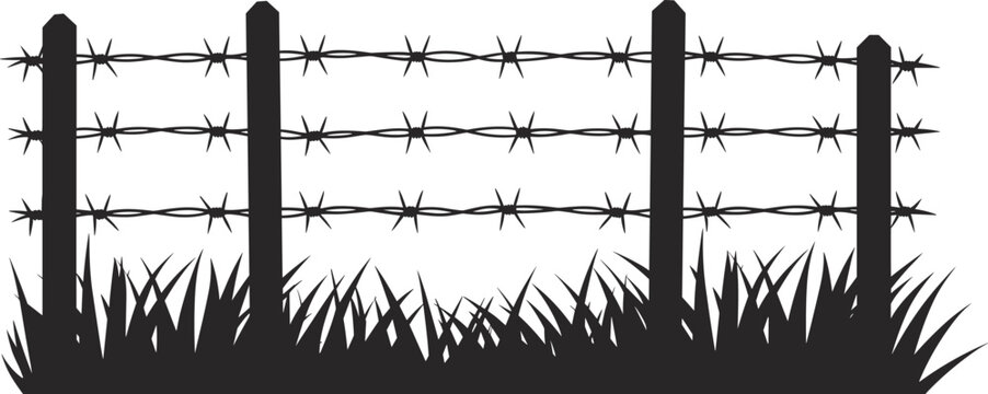 Barbed wire fence silhouette with wooden posts and grass, security boundary concept for farm, prison or restricted area, isolated on white background illustration