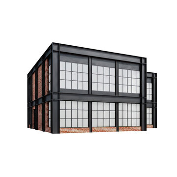 Modern industrial building with large windows and brick accents