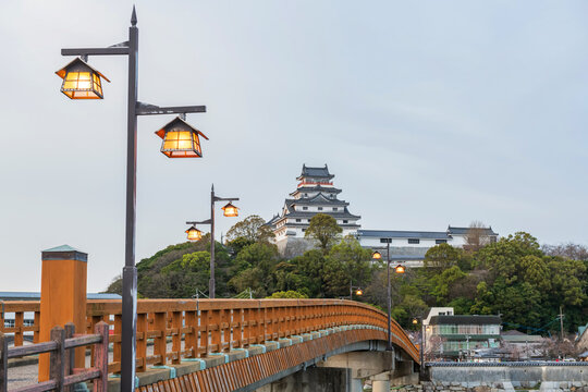 Jyounai bridge with lantern light up to Karatsu castle, Saga, Japan