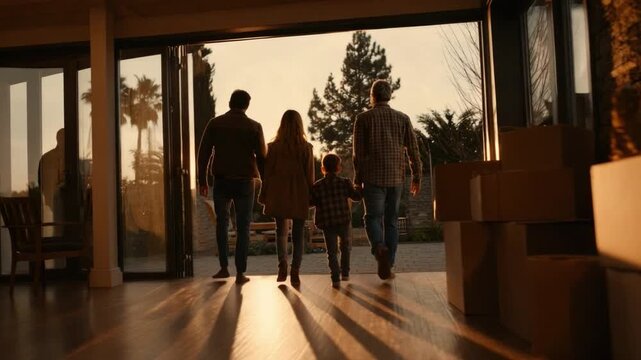 Family's New Chapter: A family of four, walking into their new home, silhouetted against a warm, inviting sunset, symbolising new beginnings and the promise of a shared future.