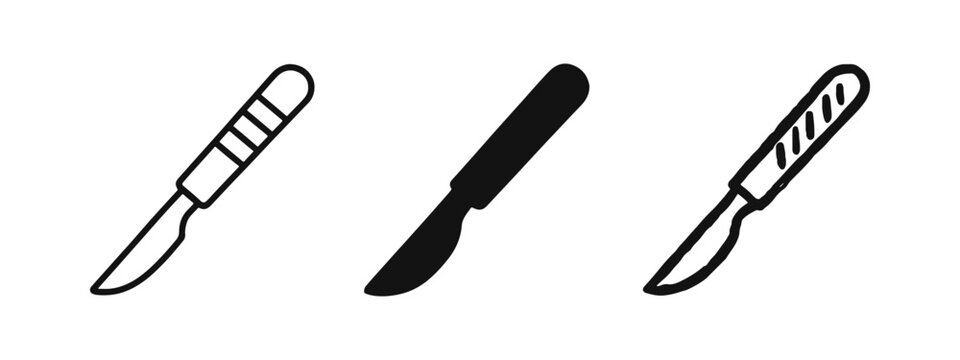 Scalpel surgical knife medical tool icons set. Outline, solid and hand-drawn style vectors.