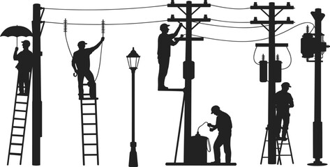 Electrical workers repairing power lines and street lighting, linemen silhouettes with ladders and tools, urban utility maintenance and energy infrastructure service isolated on white background © MD MIJANUR