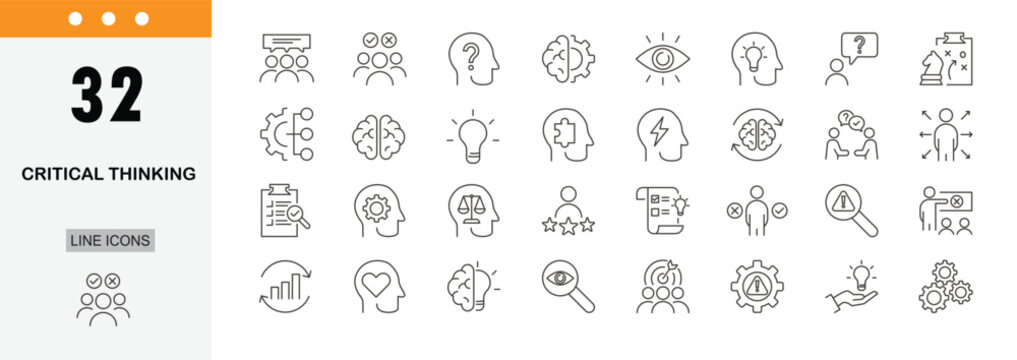 Critical thinking icons set representing problem solving, analysis, logic, decision making, evaluation, strategy, reasoning and smart thinking concepts in clean outline style. Editable Stroke.