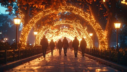 People Walking Through Illuminated Tunnel of Lights in a Park.