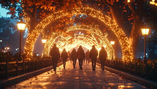 People Walking Through Illuminated Tunnel of Lights in a Park.