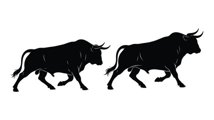 Obraz premium Two powerful bulls depicted in silhouette facing opposite directions with muscular builds