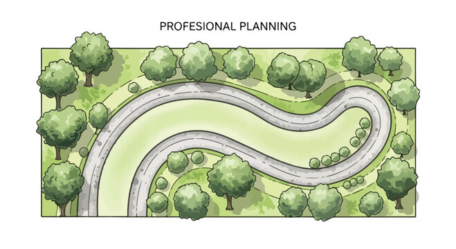 Top-Down View of Green Landscape Design Plan with Winding Roads and Trees