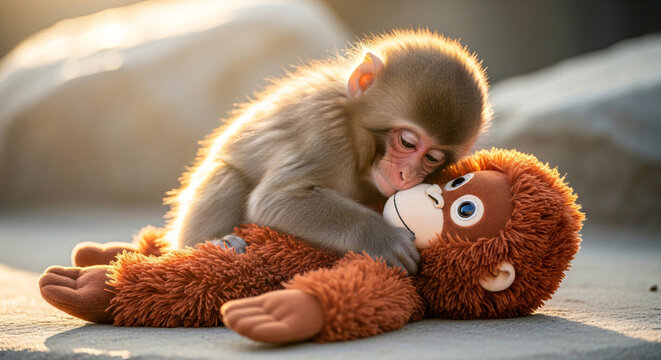 Adorable baby Japanese macaque monkey cuddling and embracing a soft brown plush toy orangutan outdoors in warm golden hour sunlight