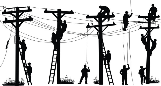 Silhouette of electrical line workers repairing power lines on utility poles, teamwork in electricity maintenance, linemen climbing ladders with cables against industrial infrastructure background