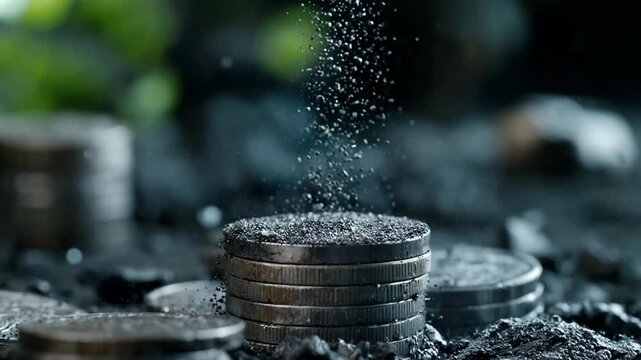 A hand is pouring dark coal dust onto a stack of coins, covering it and surrounding coins on a dark, uneven background