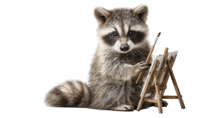 Obraz premium Cute raccoon holding paintbrush beside small wooden easel and canvas isolated on transparent background