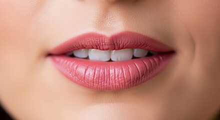 Fototapeta premium Close-up of a woman's full lips with matte pink lipstick and perfect white teeth