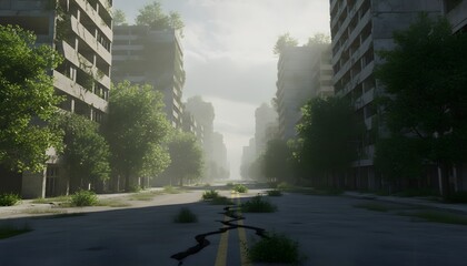 Naklejka premium Post-apocalyptic urban landscape overgrown with vegetation after destruction