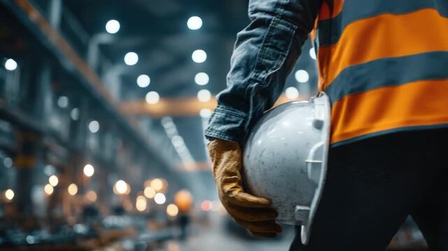 Building Site: A focused view of a construction worker holding a helmet, showcasing dedication and attention to safety measures in an industrial environment. 