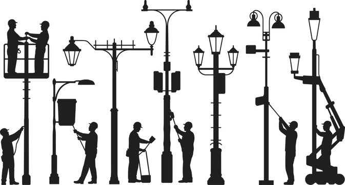 Street lighting workers silhouettes repairing lamps and utility poles, maintenance crew with bucket lift and tools, urban infrastructure service concept isolated on white background illustration