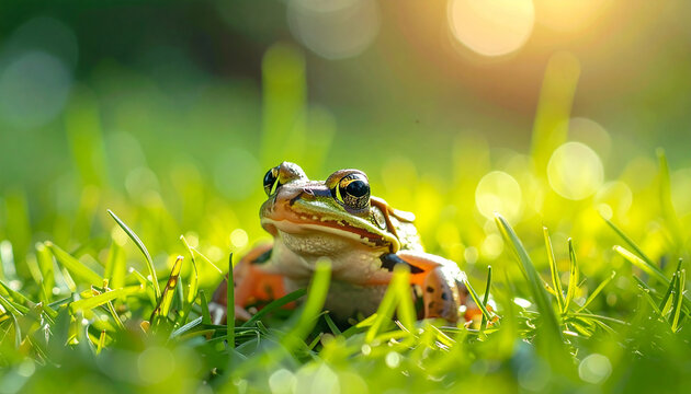 Small frog sitting on vibrant green grass in garden, amphibian and animal concept, soft blurred natural background, detailed skin texture