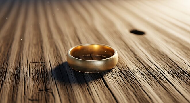A single gold wedding ring rests on a weathered wooden surface with soft light