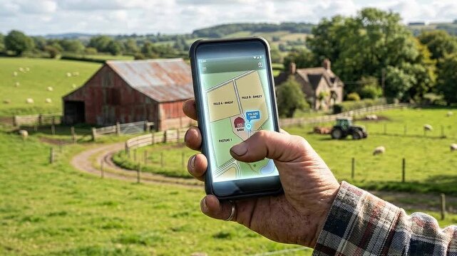 Smartphone map farming supply chain transparency rural farm showing field pasture sheep barn tractor handheld navigation GPS wayfinding handheld