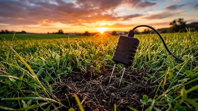 Soil moisture probe and sensor field sunset for agriculture sustainable irrigation planning, supply chain transparency and efficient farm decision