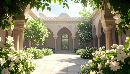 Fototapeta premium Serene Courtyard Oasis - A Tranquil Garden Retreat in Architectural Harmony.
