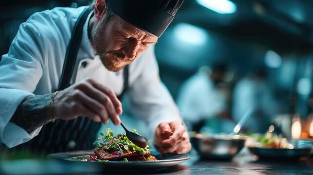 Culinary Artistry: A skilled chef meticulously plates a gourmet dish in a professional kitchen, showcasing the art of culinary precision and passion.