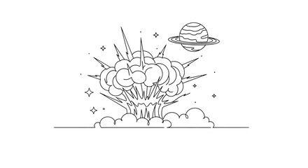 Explosion in Space with Planet and Stars - Outline Drawing © Azizi