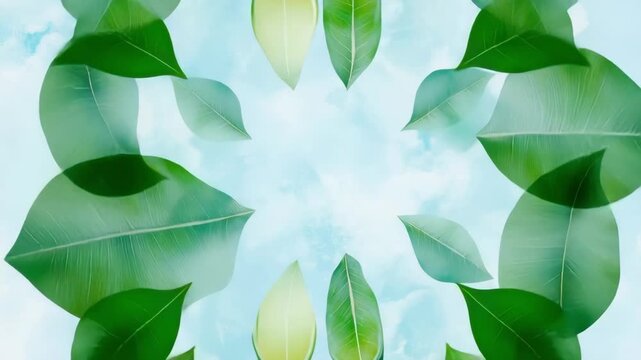Vibrant green leaves symmetrically spin and transform against blue sky background