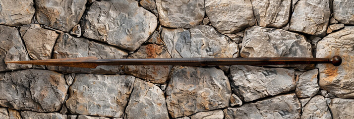 Fototapeta premium An elongated brown walking stick rests against a rough stone wall