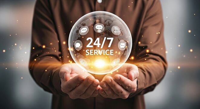 A person holding a glowing orb with 24 7 service icons representing round the clock support and assistance