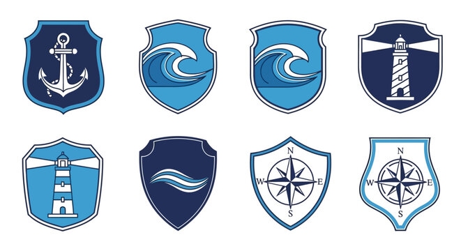 Set of Nautical Shields with Various Emblems.