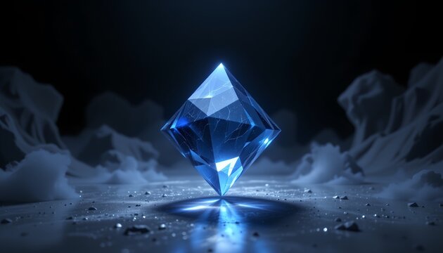 Floating prism refracting blue light in black void, cinematic render