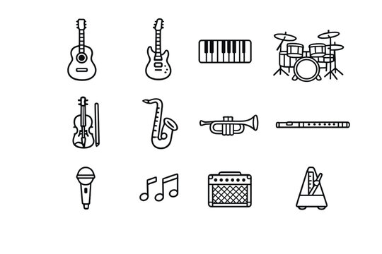 Musical Instruments Icons. Music Instruments. Line outline icon set of Music Instruments: acoustic guitar,