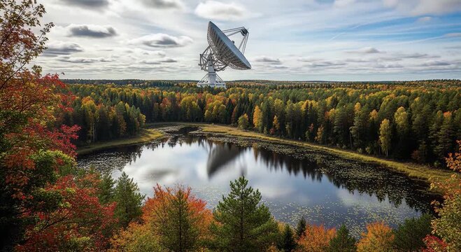 autumn forest lake aerial view with satellite dish