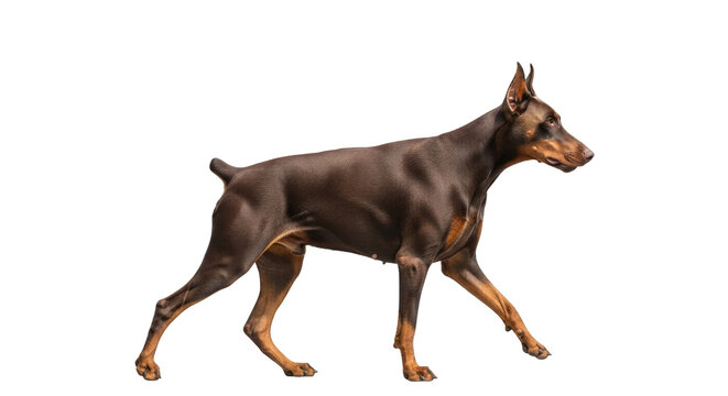 Brown doberman pinscher walking black background