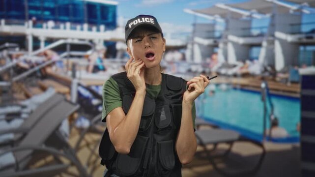 Police woman in uniform holds walkie talkie and clutches cheek in toothache on pool deck of a building; concern duty.