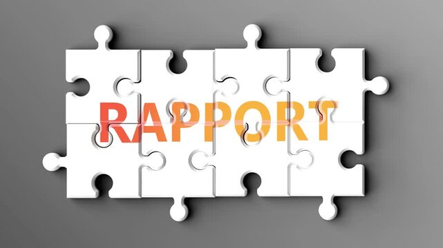 Rapport being a complex topic - puzzle pieces with word rapport coming together to make a whole. Rapport made of many fitting parts, a compound subject.