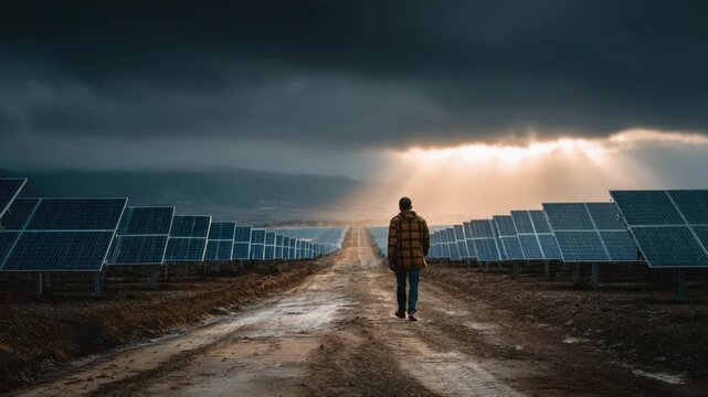 Solo Stroll in Solar Field: A solitary figure, their back to the viewer, ventures down a pathway flanked by rows of solar panels, with rays of light piercing through the clouds.