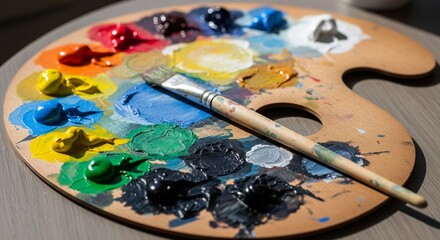 Obraz premium Close-up of a palette featuring deeper, darker shades of blue, black, and earth tones with brushes resting across the center.