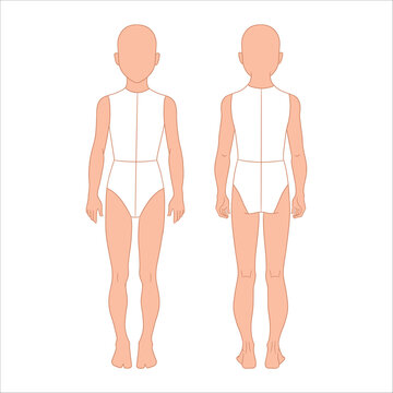 Toddler fashion design template featuring a young boy's body croquis in front and back views. Clean vector  illustration perfect for toddler clothing designers, children's fashion sketching