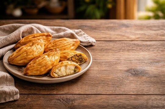 Pastizzi maltesi su piatto rustico con ripieno di ricotta e piselli- Generative AI 