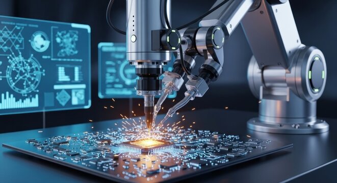 A robotic arm is welding on a circuit board with a computer monitor in the background.