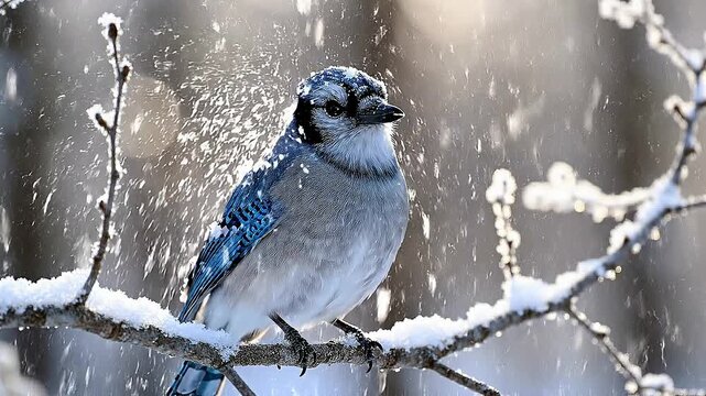 A blue jay perches on a snowy branch in a winter forest during a snowstorm.