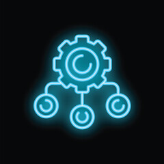Obraz premium Neon blue gear connecting three circles representing a concept in technology, engineering, or network infrastructure